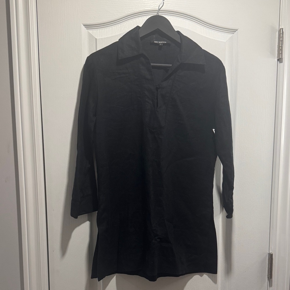 Holt Renfrew 100% Linen Black Tunic Top Small Collared Button Neck Lightweight